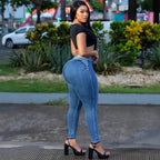 2025 & 2026 New High Waist Slim Fit Washed Blue Denim Jeans Women Stretchy Slimming Street Style Fashion Casual Long Pants