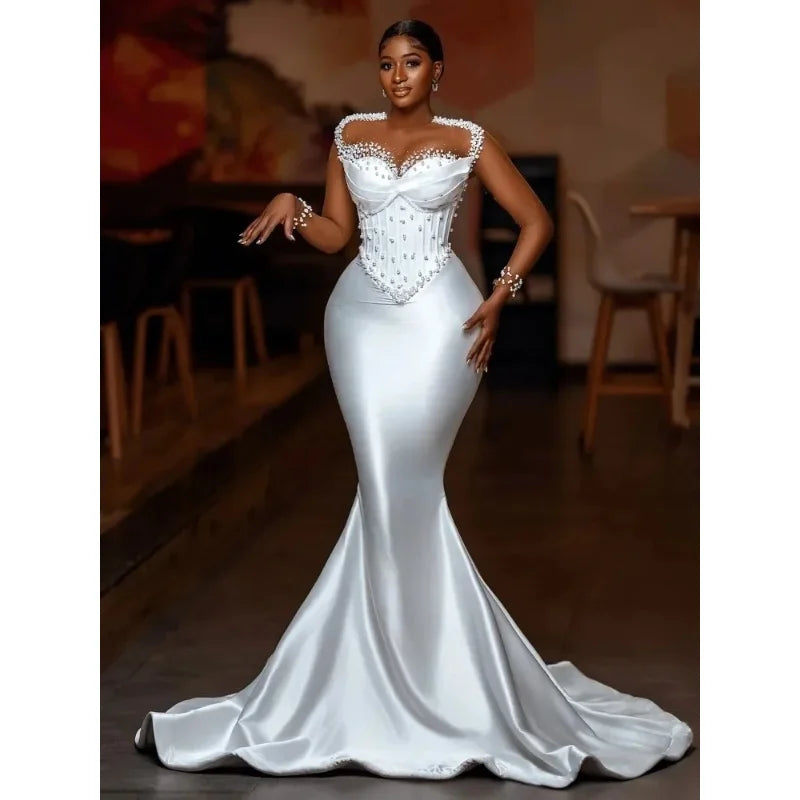 Custom Plus Size African Mermaid Wedding Dresses Long Illusion Sleeves Pearls Aso Ebi Style Beading Bridal Gown Vestido De Novia