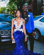 Royal Blue Sequin Mermaid Prom Dress with White Lace Applique Deep V Neck Long Train Formal Evening Gown for Graduation Party
