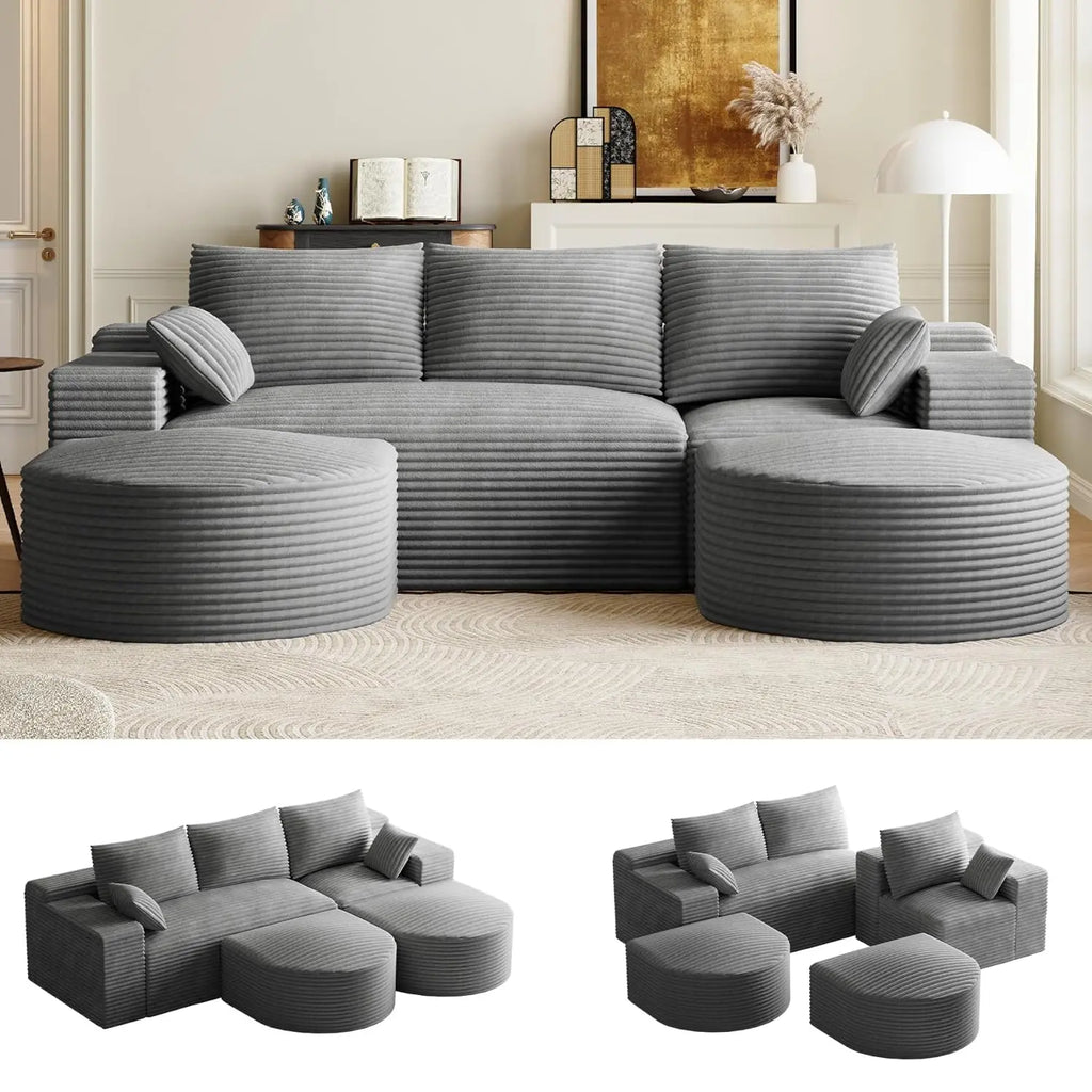 108in U-Shape Modular Sectional Sofa Deep Seat Corduroy Oversize Ottoman Cloud Couch Small Apartment Green Custom