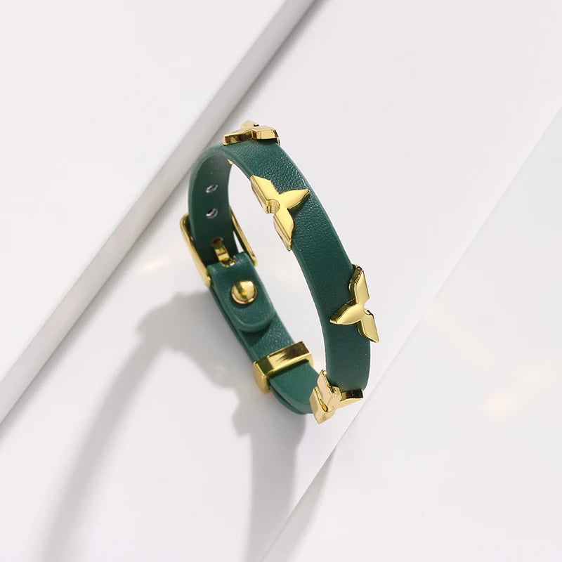 Fashion Leather Bracelet for Women Men with Gold Tone Butterfly Studs, Adjustable Wristband, 6 Colors Available, Trendy Gift