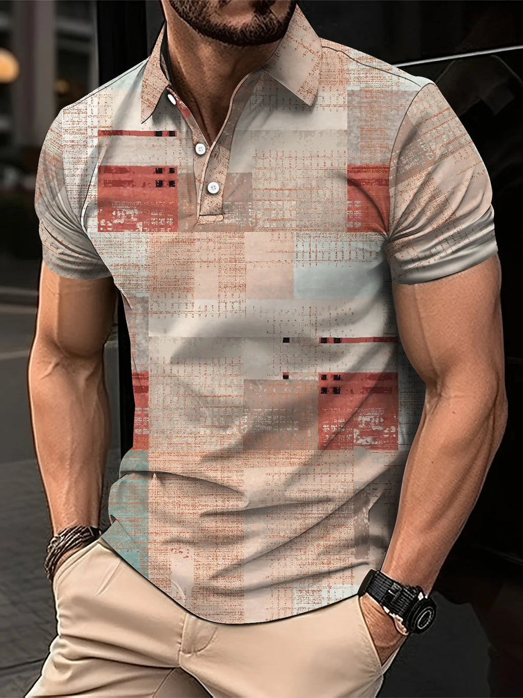 Fashion Elegant Harajuku Slim Fit Ropa Hombre Loose Casual All Match Lattice Men's POLO Shirt Printed Button Short Sleeve Tops