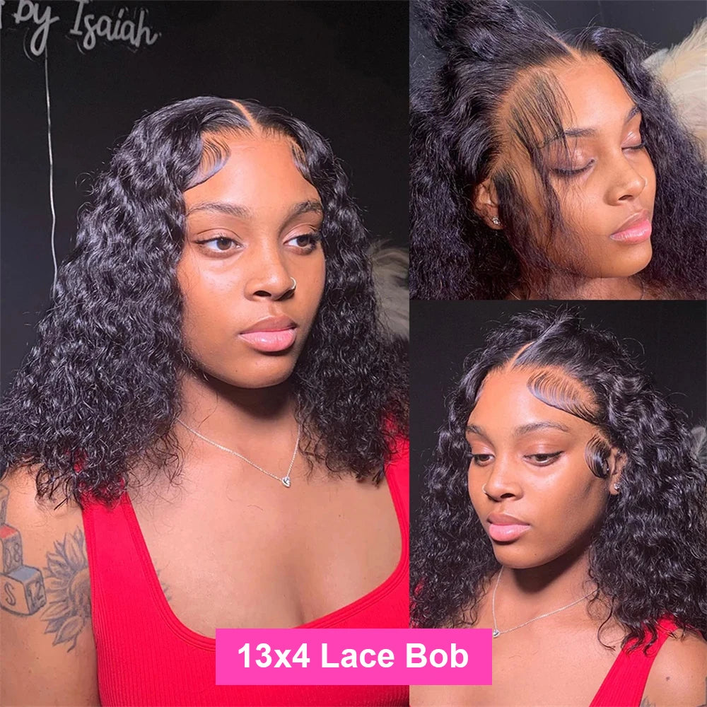 Deep Wave Bob 100% Human Hair Wigs Pre Plucked 13x4 Lace Front Wigs Water Wave Human Hair Curly 4x4 Lace Closure Wigs Burmese Human Hair For Black Women 240% Density 16 Inch