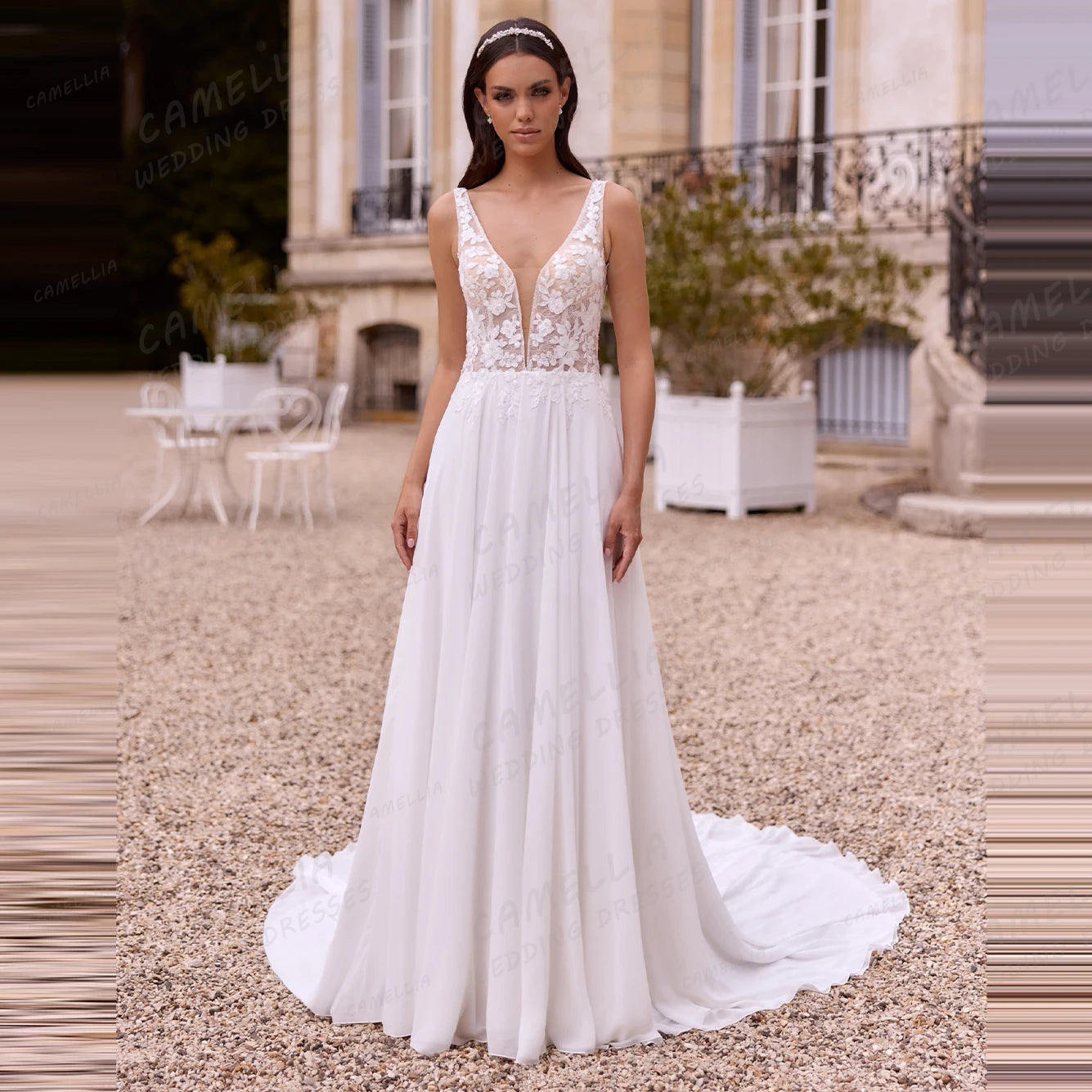 Elegant Lace Wedding Dresses Women's A Line Sleeveless Chiffon V Neck Backless Bridal Gowns Vestidos De Novia Customized Party Main image