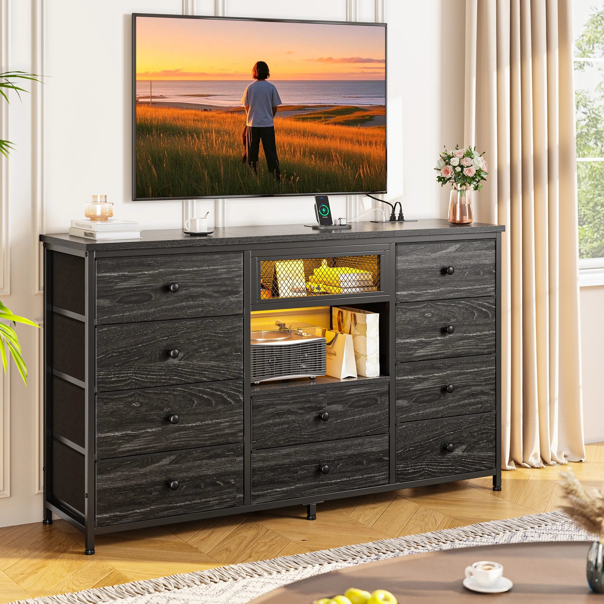 Modern 10-Drawer Dresser with Mirror & RGB LED Lights, 55" Wide Fabric Chest with USB Charging for Bedroom Vanity, Hallway