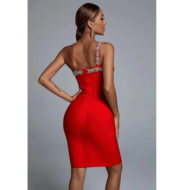 2026 New Sexy Women Mini Bandage Dress One Shoulder Collar Rhinestone Decorated Shoulder Strap Bodycon Dresses Party Vestido Secondary image