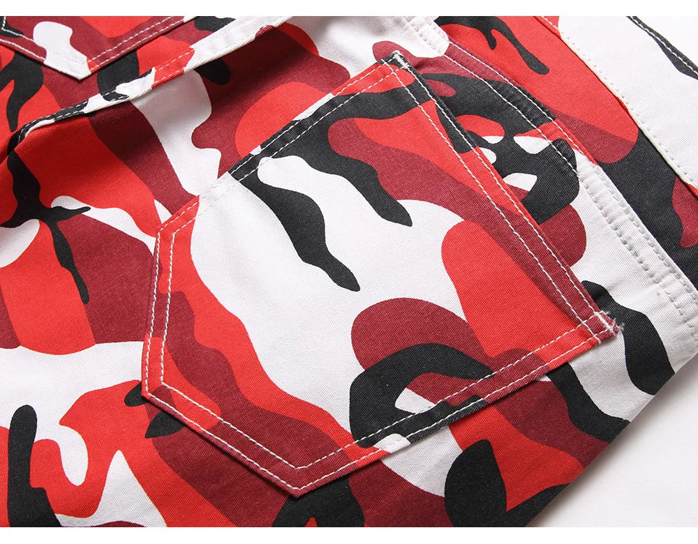 Men Red Camouflage Print Jeans Casual Slim Straight Pants Contrast Color Streetwear Trousers