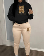 2 Piece Set Women Outfit Letter Bear Print Hooded Neck Hoodies Sweatshirt Pants Tracksuit 2024 Plus Size Streetwear Casual Suit