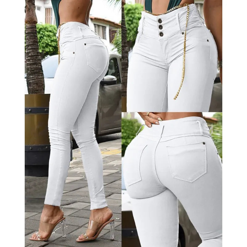 Spring Autumn New Pants Trousers Women's Solid Color High Waist Button Skinny Pants Women's Fashion Slim Fit Pencil Pants Secondary image