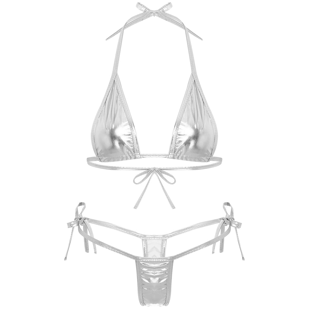 Womens Brazilian Micro Bikini Swimsuit Biquini Set Lacing Non-Padded Triangle Cup Bra Top with G-String Metallic Shiny Swimwear