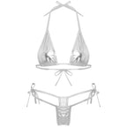 Womens Brazilian Micro Bikini Swimsuit Biquini Set Lacing Non-Padded Triangle Cup Bra Top with G-String Metallic Shiny Swimwear