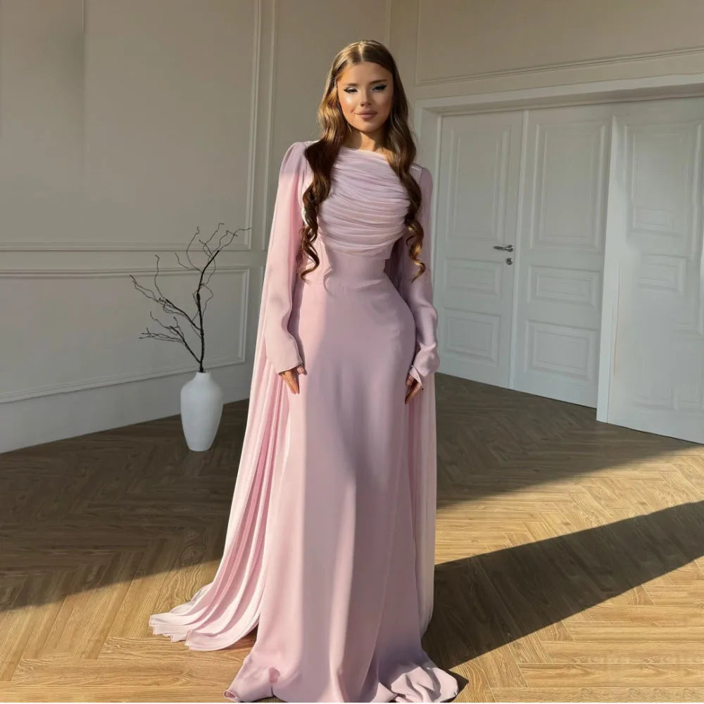 Pink Long Sleeves Mermaid Prom Dresses robes de soirée A-line Pleats Evening Dress Floor-Length Wedding Guest Dress Customized Main image