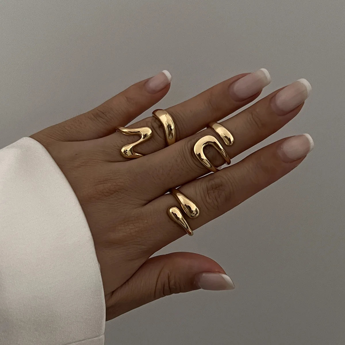 Punk Geometric Metal Irregular Rings for Women Men Vintage Gold Color Curved Open Ring Set Fashion Unisex Jewelry Gift Main image