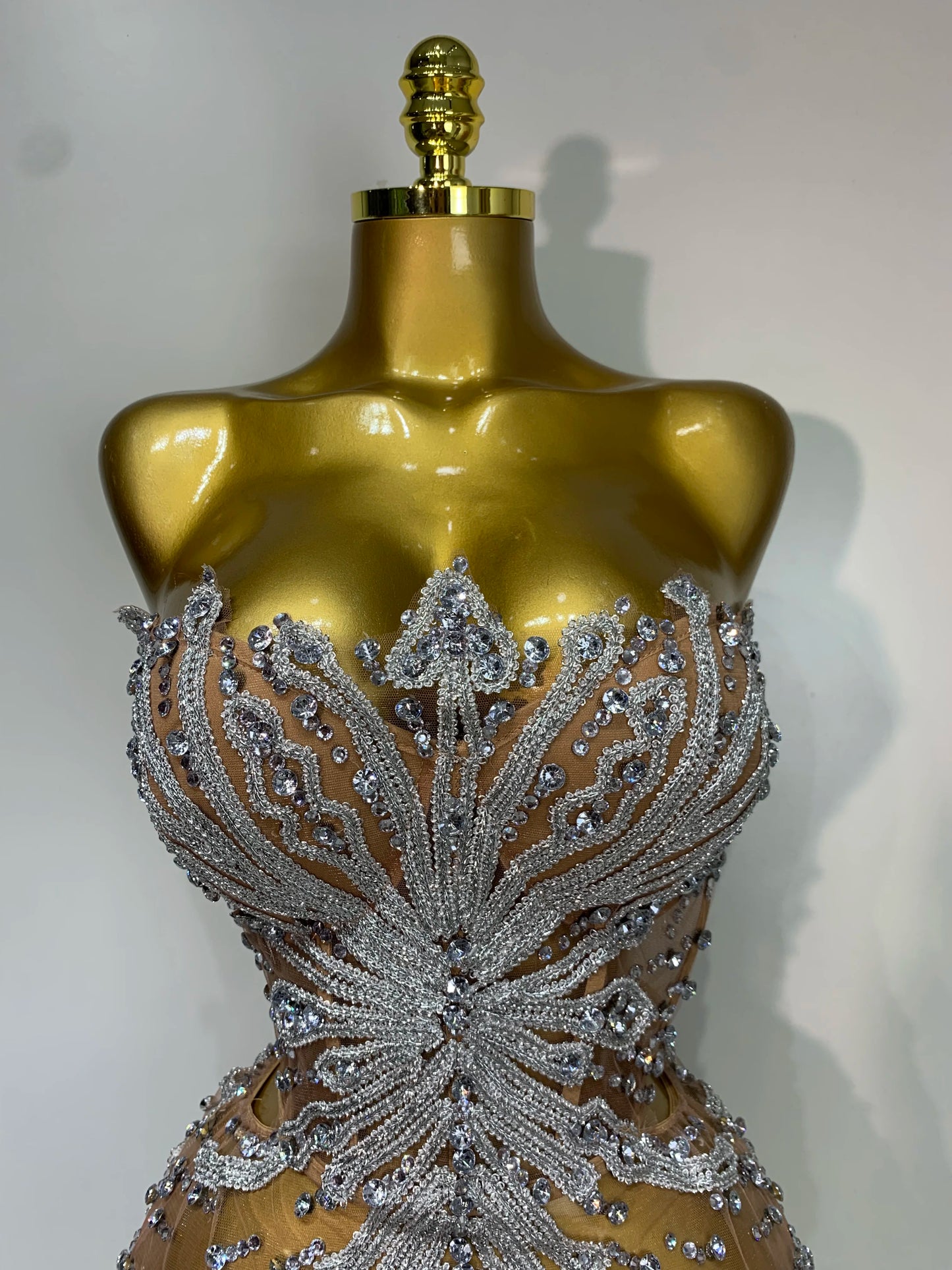 Women Sexy Strapless Rhinestones  Mini Dress Performance Costume See Through Stage Dancer Club Evening Party Birthday Dress