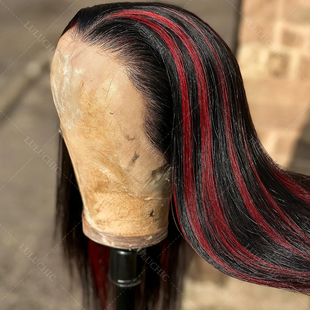 Black With Red Blonde Highlight Bone Straight Wig 5x5 Glueless Wig Human Hair Ombre Burgundy Colored Preplucked Wig Wear and Go Main image
