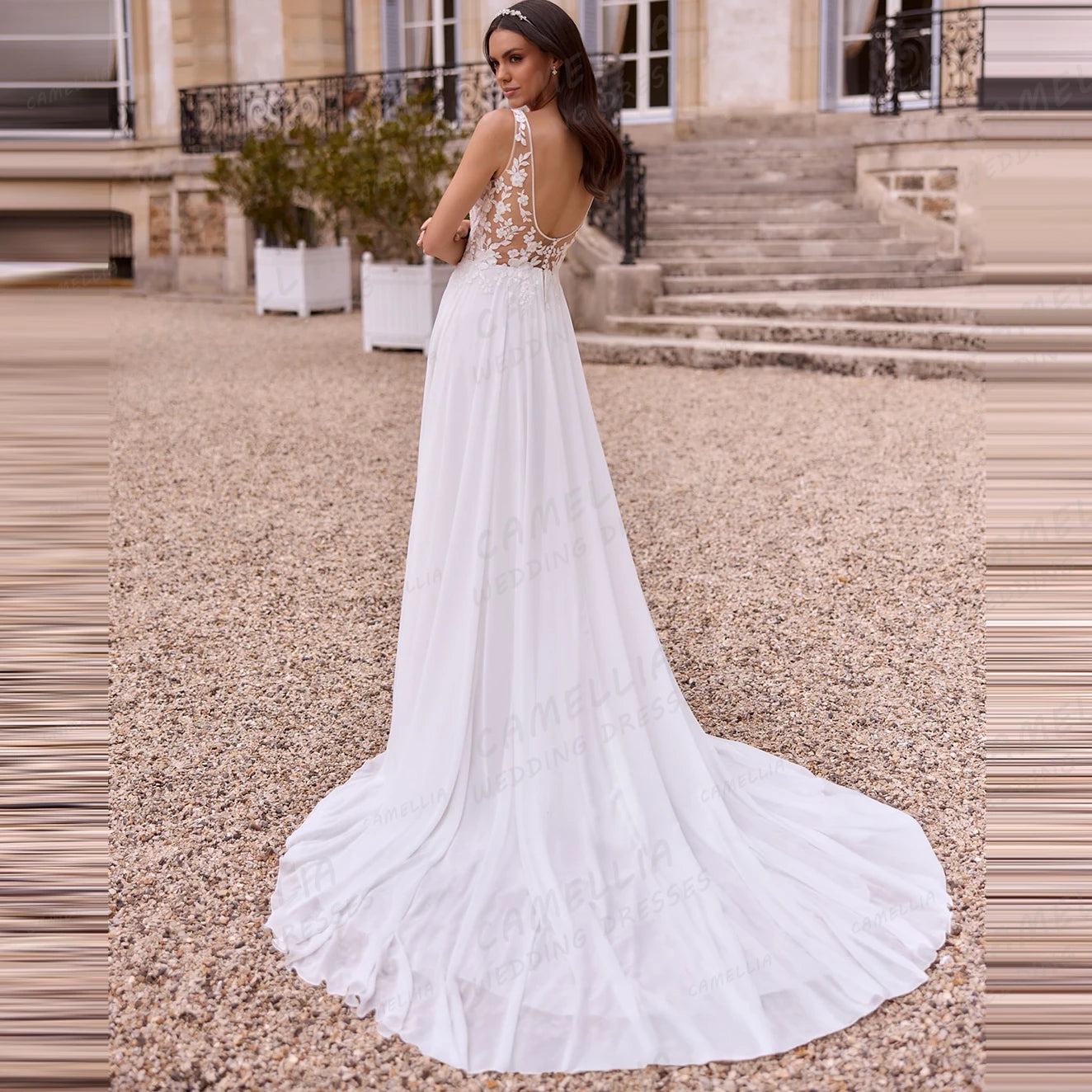 Elegant Lace Wedding Dresses Women's A Line Sleeveless Chiffon V Neck Backless Bridal Gowns Vestidos De Novia Customized Party Secondary image