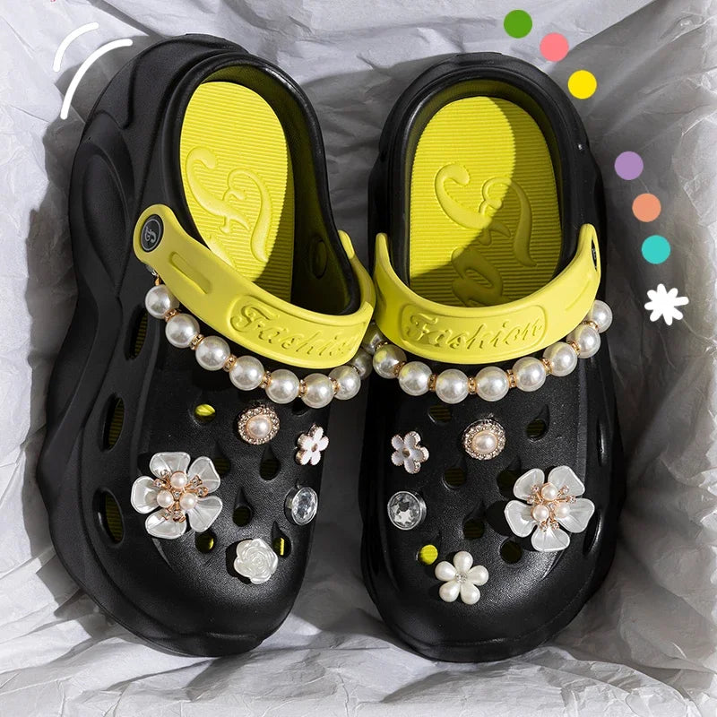 Summer Fashion Pearl Chain DIY Clogs Women 2025 Chunky Platform Slip On Sandals Women Thick Bottom EVA Slippers Shoes Woman Heel
