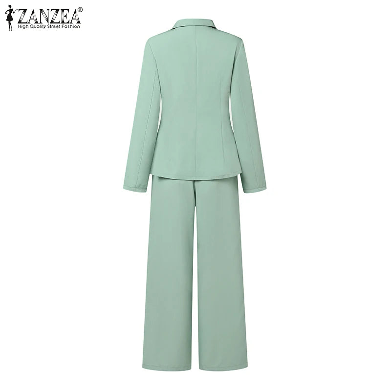 ZANZEA Elegant Office Lady Blazer Suits Women Classy Tied Waist Top and Pant 2pcs Outfit Streetwear Trend Commute Pant Sets 2025