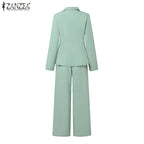 ZANZEA Elegant Office Lady Blazer Suits Women Classy Tied Waist Top and Pant 2pcs Outfit Streetwear Trend Commute Pant Sets 2025