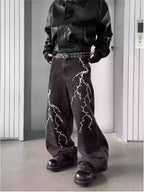 American High Street Y2K Style Thorn Lightning Embroidery Wide-Leg Jeans for Men, Niche Hip-Hop Loose Straight-Leg Flared Pants
