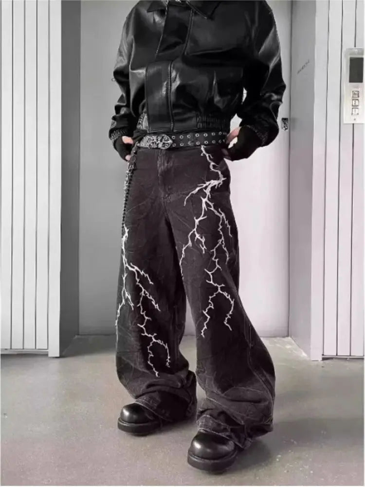 American High Street Y2K Style Thorn Lightning Embroidery Wide-Leg Jeans for Men, Niche Hip-Hop Loose Straight-Leg Flared Pants