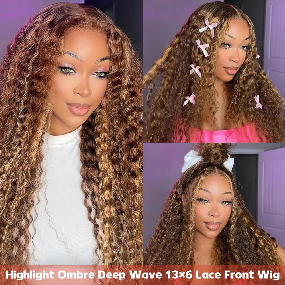 Glueless Pre Plucked Lace Front Human Hair Wigs 30 Inch 13x6 HD Ombre Highlight 4 27 Honey Blonde Deep Wave 250 Density Bouncy Hair For All Occasions