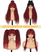 99J Burgundy Curly Wig with Bangs Human Hair Brazilian 200 Density Water Wave Wear and Go Glueless Red Colored Wigs For Women