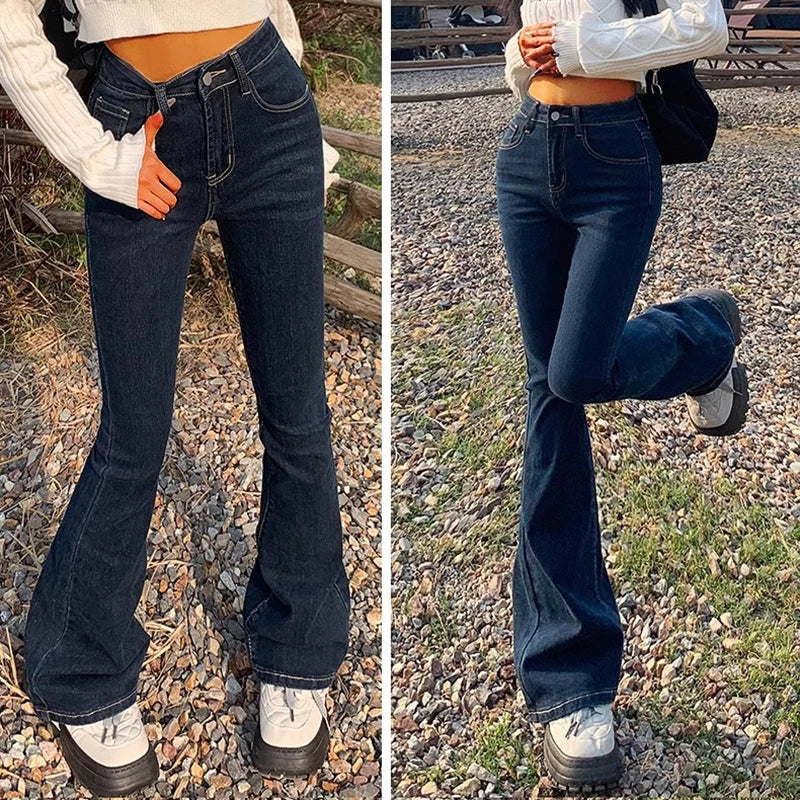 High Waist Flare Jeans - Elastic Bell Bottom Denim Pants