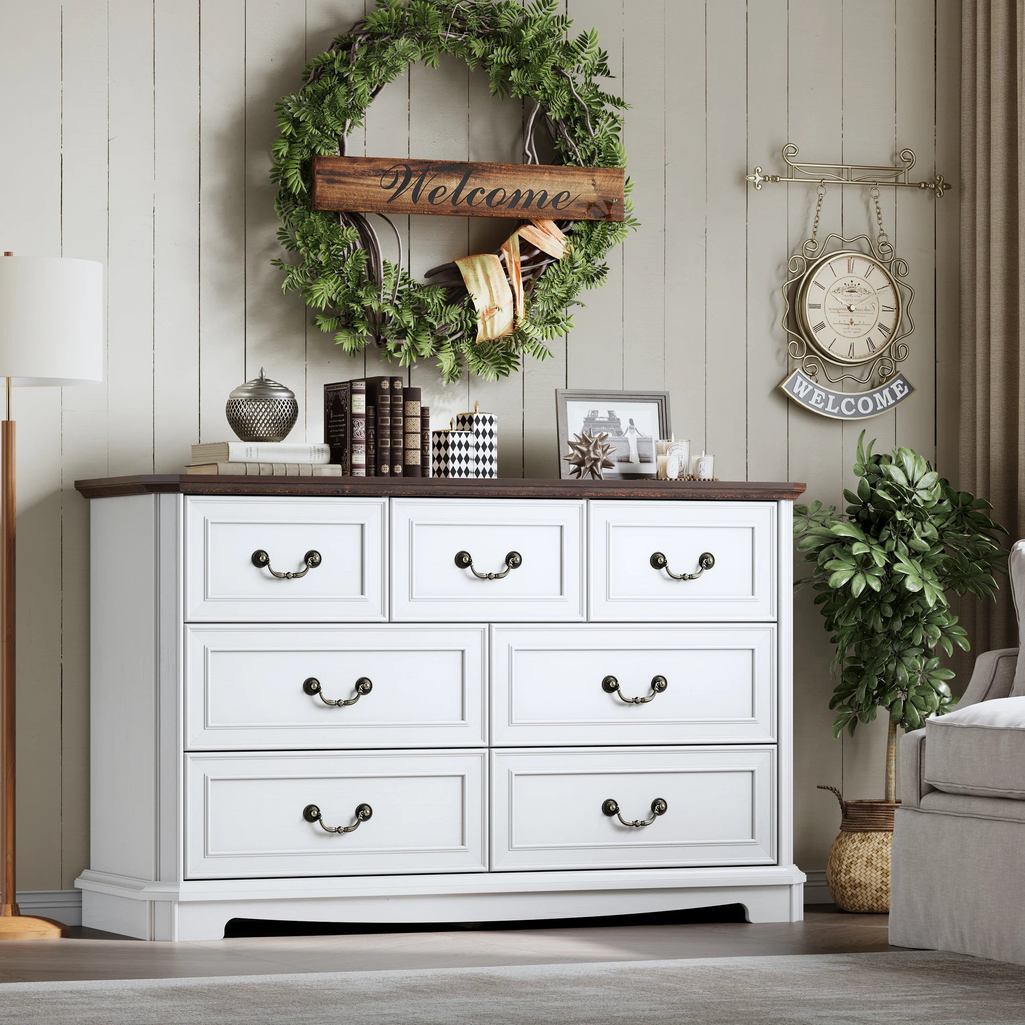 Farmhouse Dresser for Bedroom with 7 Drawer, Wood Vintage Dresser TV Stand for Living Room, Hallway Secondary image