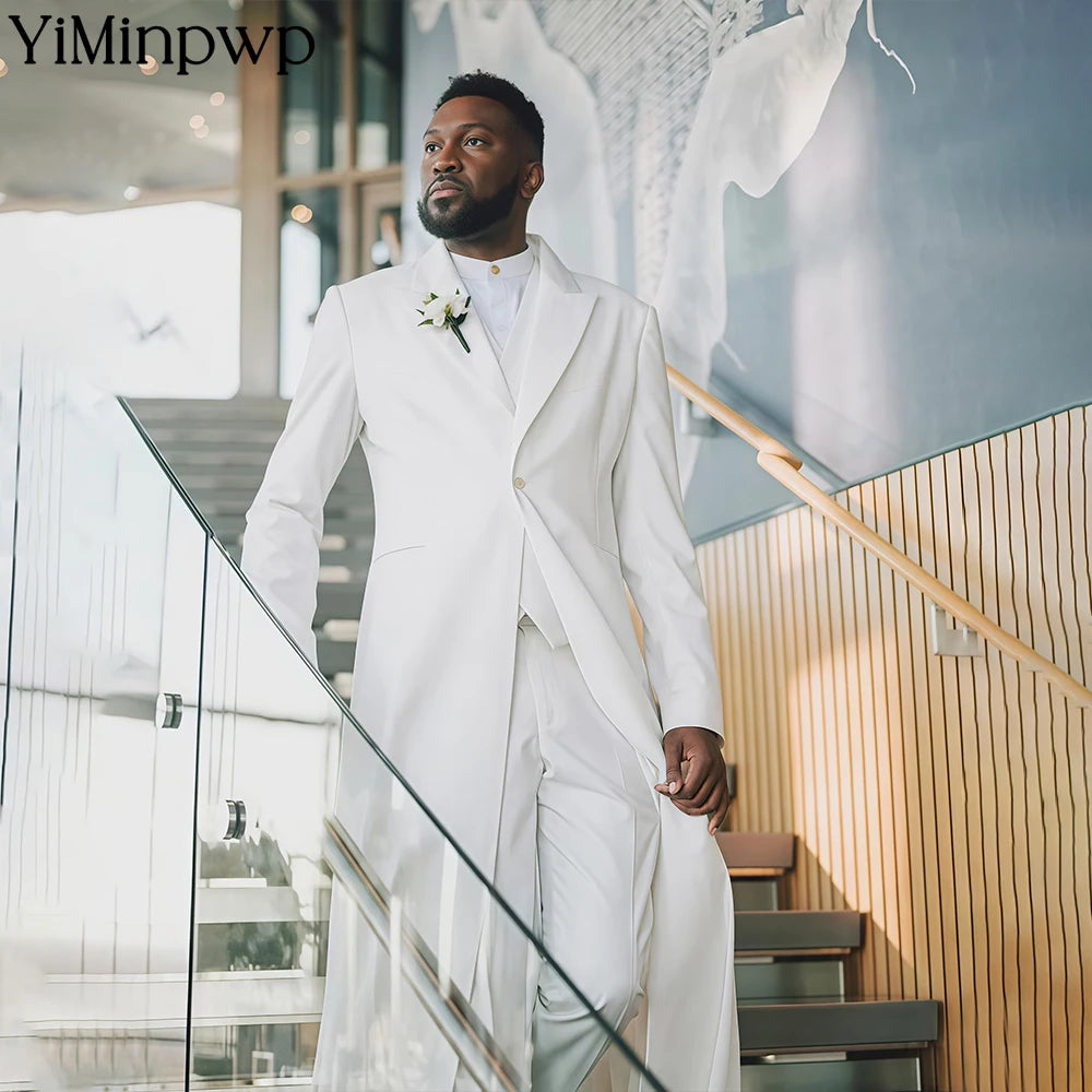 White Classic Wedding Groom Men Suits 3 Piece Long Blazer Vest Pants Satin One Button Tuxedo Formal Work Wear Prom XS-5XL Main image