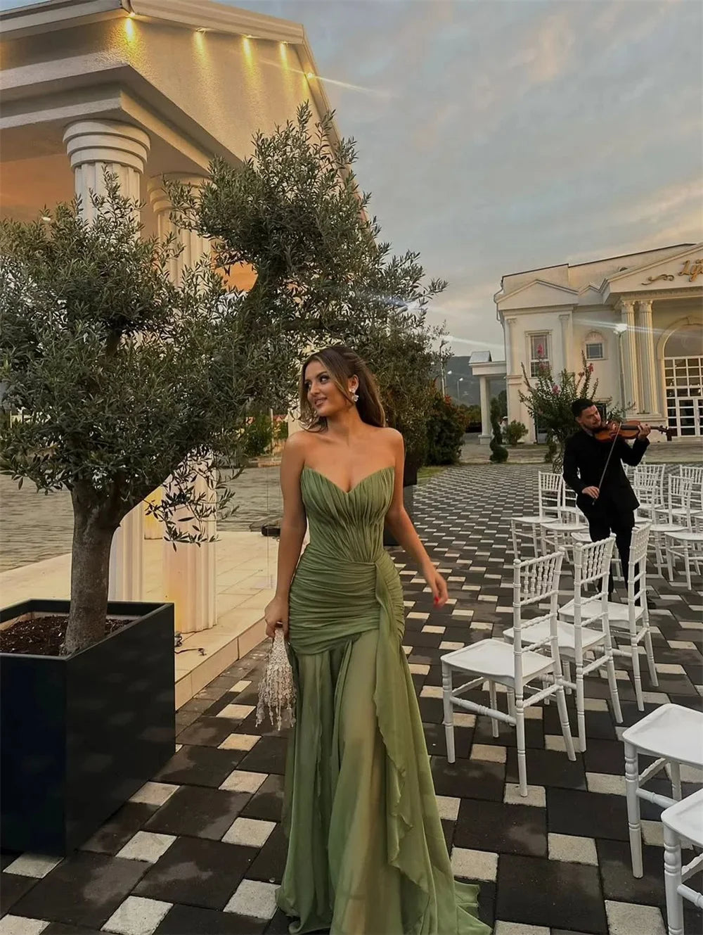 Cathy Customize Olive Green Pleated Chiffon Prom Dress V Neck Lace-up vestidos de noiva Floor-length Sheath Evening Dresses 2026