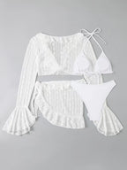 2026 Sexy Four-piece Women Swimsuit Long-sleeve Cover-up Swimwear Summer Solid Bikini Set Brazilian Beachwear Party bathing suit