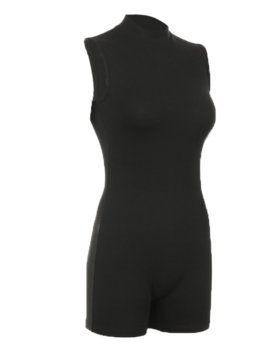 Women Summer Bodycon Jumpsuit Playsuits Mock Neck Sleeveless Skinny Short Romper Skinny Sport Bodysuit