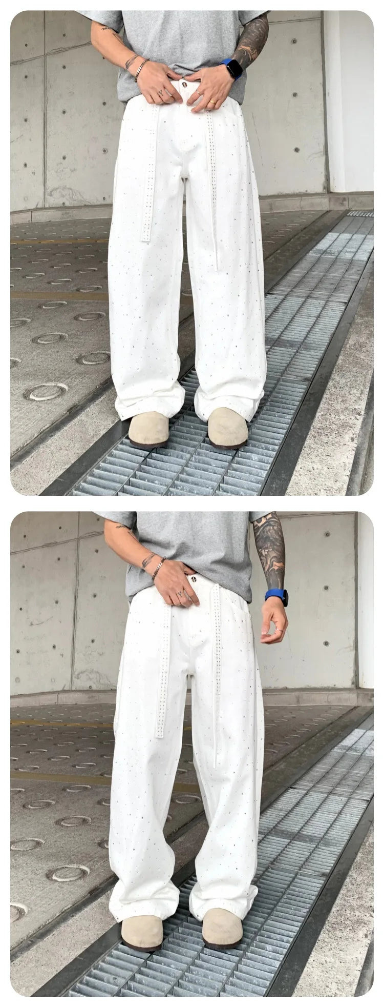 Pants Denim Men Jeans Wide Leg Long Pant Vintage Loose Hot Drilling High Waist Straight Trousers Y2k Streetwear Lace Up Spring