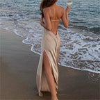 Sexy Spaghetti Strap Backless Summer Dress Women Satin Silky Spaghetti Strap Split Lace Up  Dress Elegant Bodycon Party Dresses
