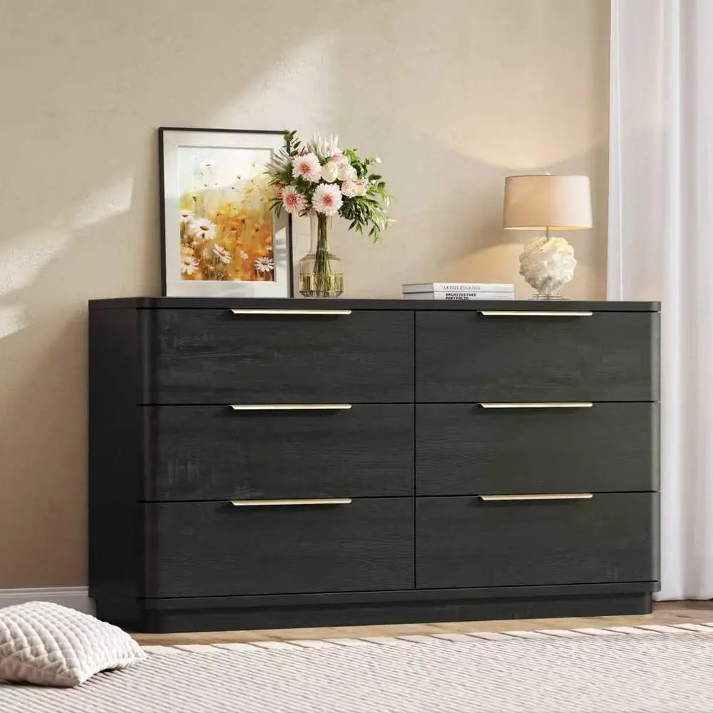 Wide 54 Black Wooden Dresser with Metal Handles, Curved Design for Bedroom, Living Room, or Hallway Storage