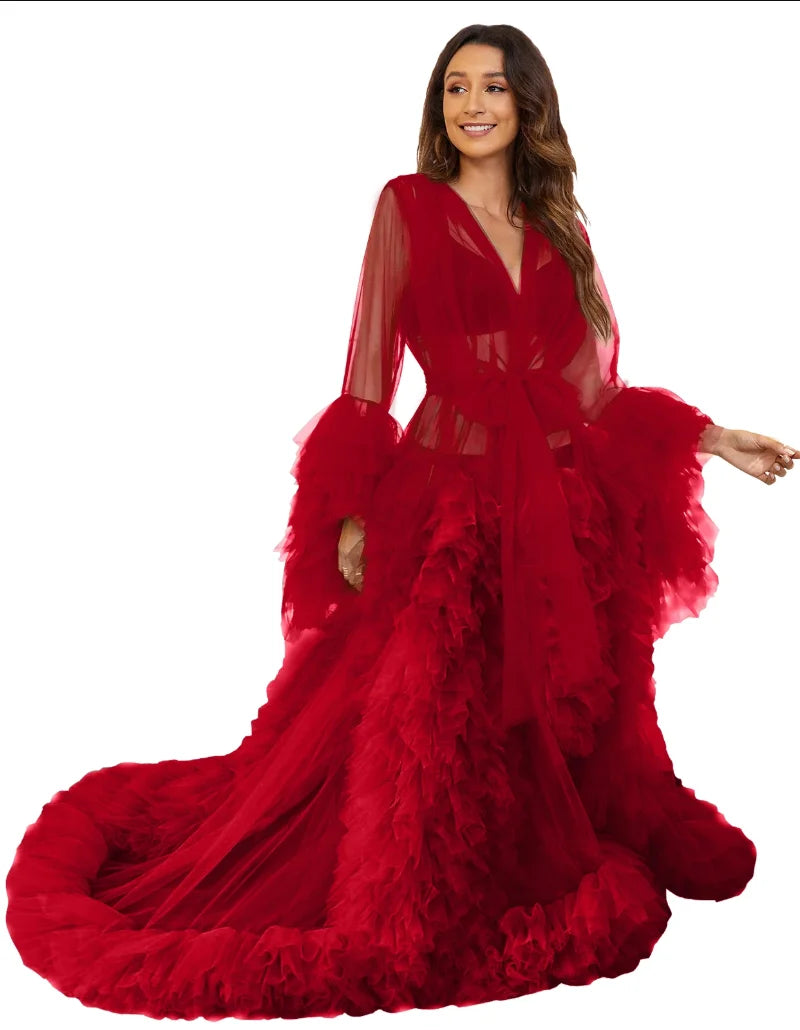 Women's Dressing Gown Perspective Sheer Long Tulle Robe Puffy Pregnancy Maternity Dress for Baby Shower Nightgown Sleepwear