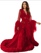 Women's Dressing Gown Perspective Sheer Long Tulle Robe Puffy Pregnancy Maternity Dress for Baby Shower Nightgown Sleepwear