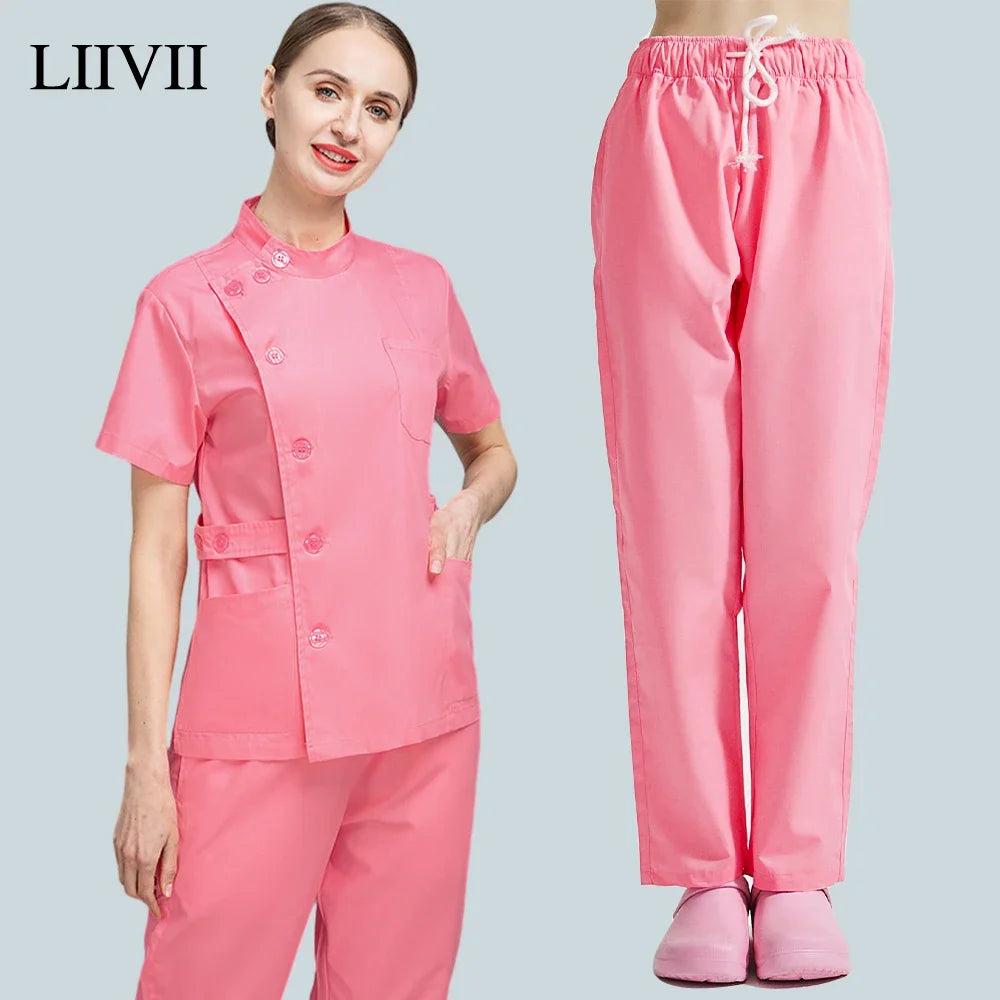Button Closure and waist retraction Scrub Set Medical Uniforms Nurse Clothes Women Round Neck Surgical Workwear Pair Dental Suit Main image