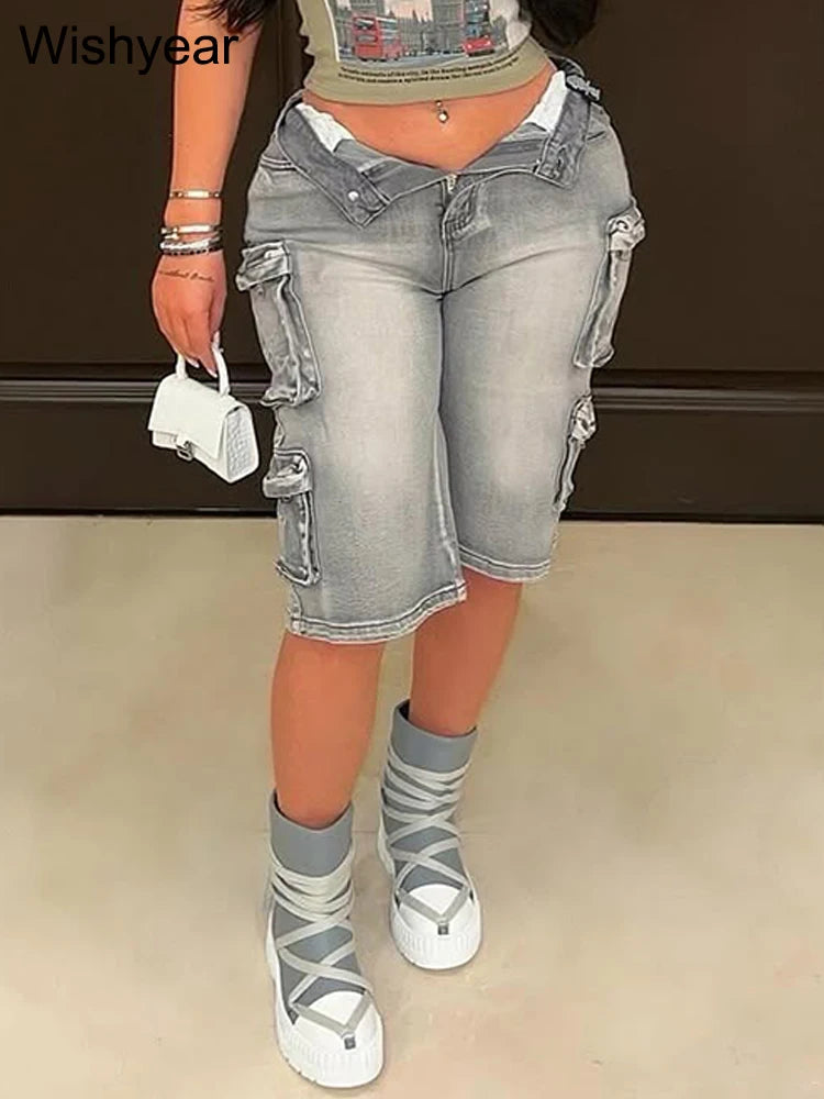 Fashion Washed Blue Denim Wide Leg Pants Women Casual Multi-pocket Loose Streewwear Boyfriend Short Mid Jeans Bottoms Clubwear Secondary image
