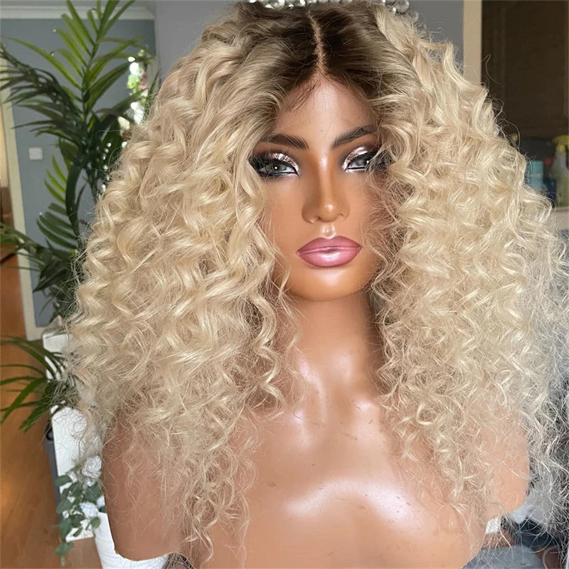Deep Curly Honey Blonde Wig Short Dark Roots Synthetic Lace Front Wig For Women Daily Use Baby Hair Glueless Wig Main image