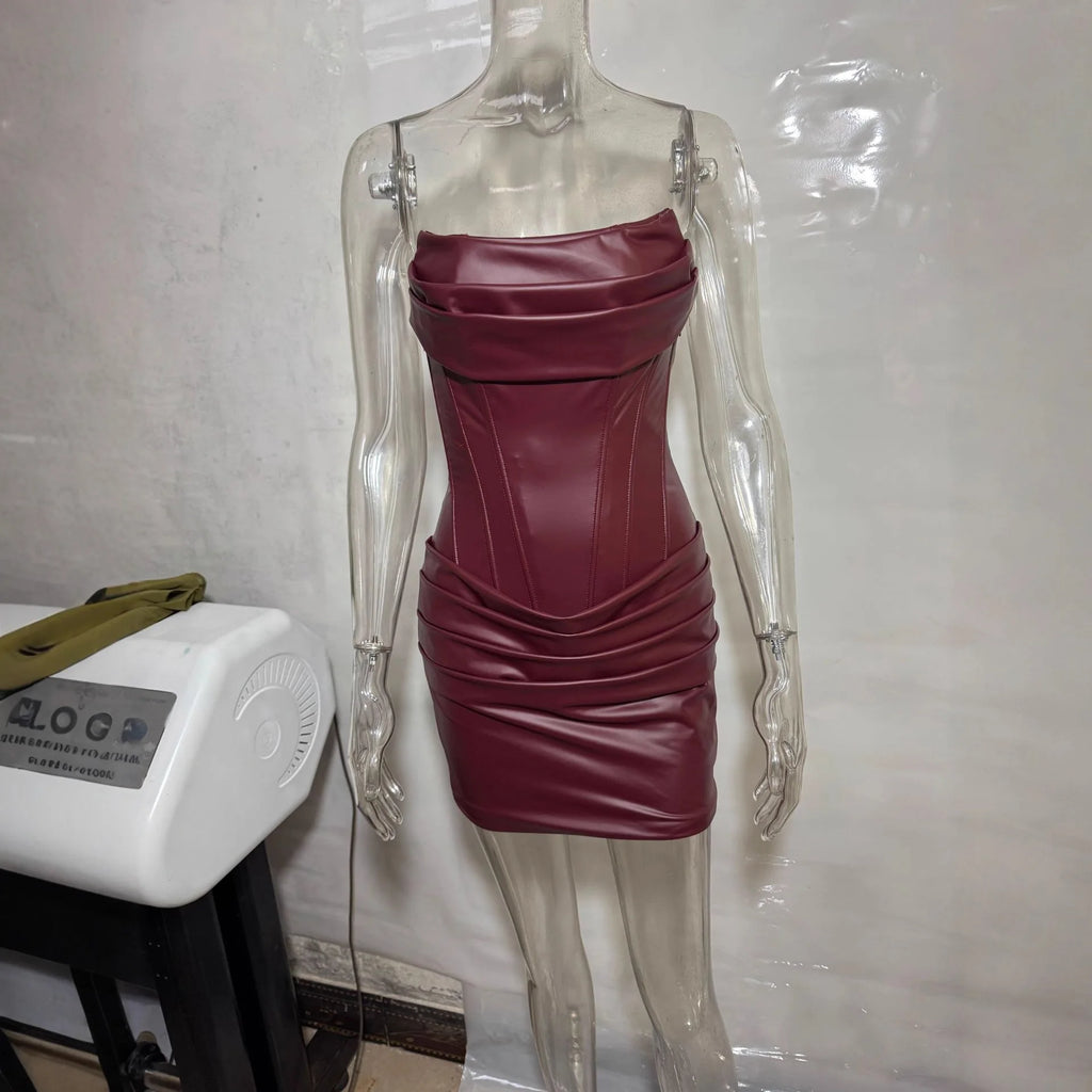 Suninheart Pu Faux Leather Party Dress Women 2026 Strapless Bodycon Mini Dress Elegant Lace Up Ruched Dress for Wedding Events