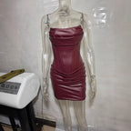 Suninheart Pu Faux Leather Party Dress Women 2026 Strapless Bodycon Mini Dress Elegant Lace Up Ruched Dress for Wedding Events