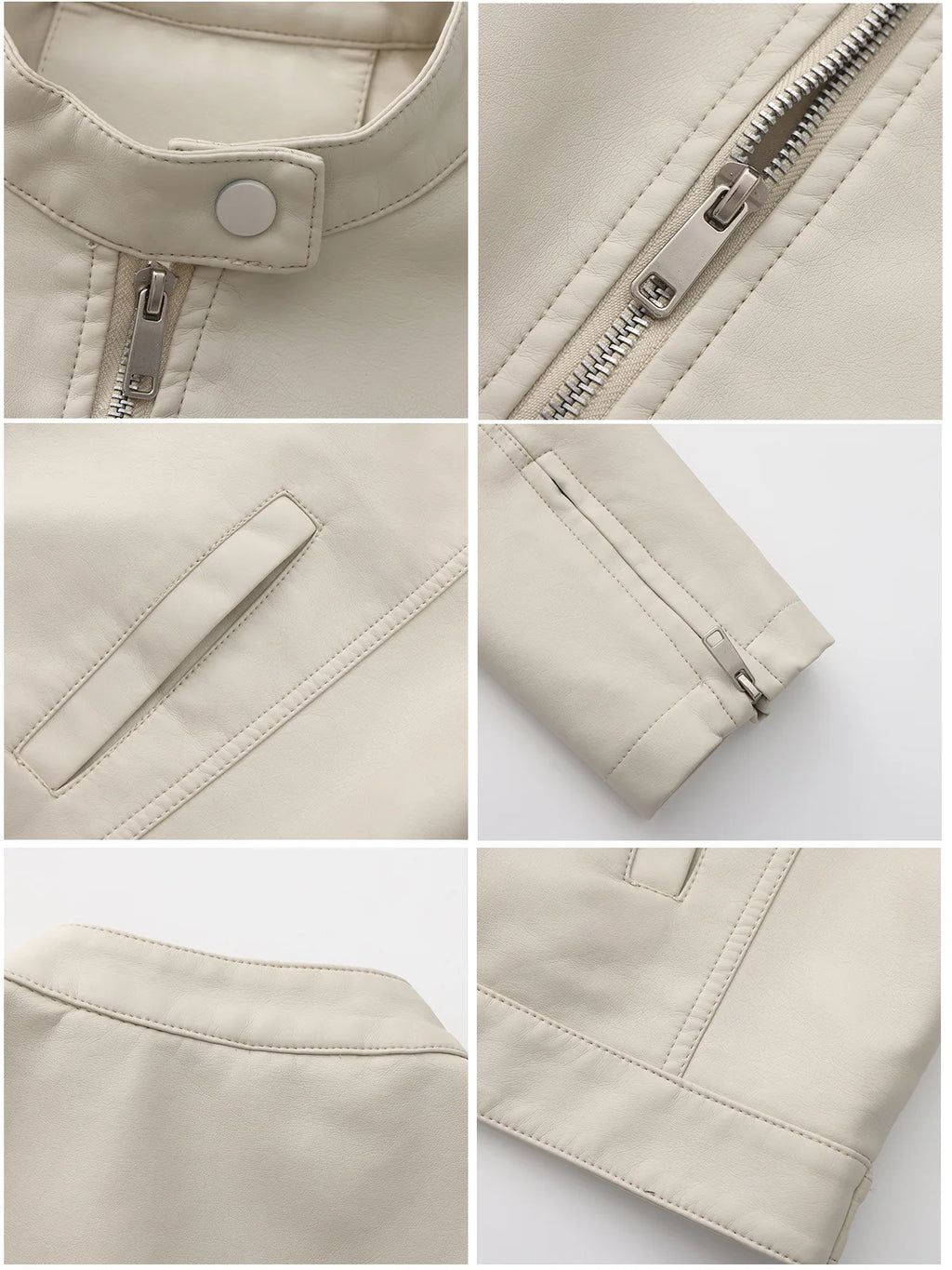 Black Women's Fitted Leather Jacket with Front Zipper & Side Pockets‌, Available in Brown, Navy Blue, and Beige.