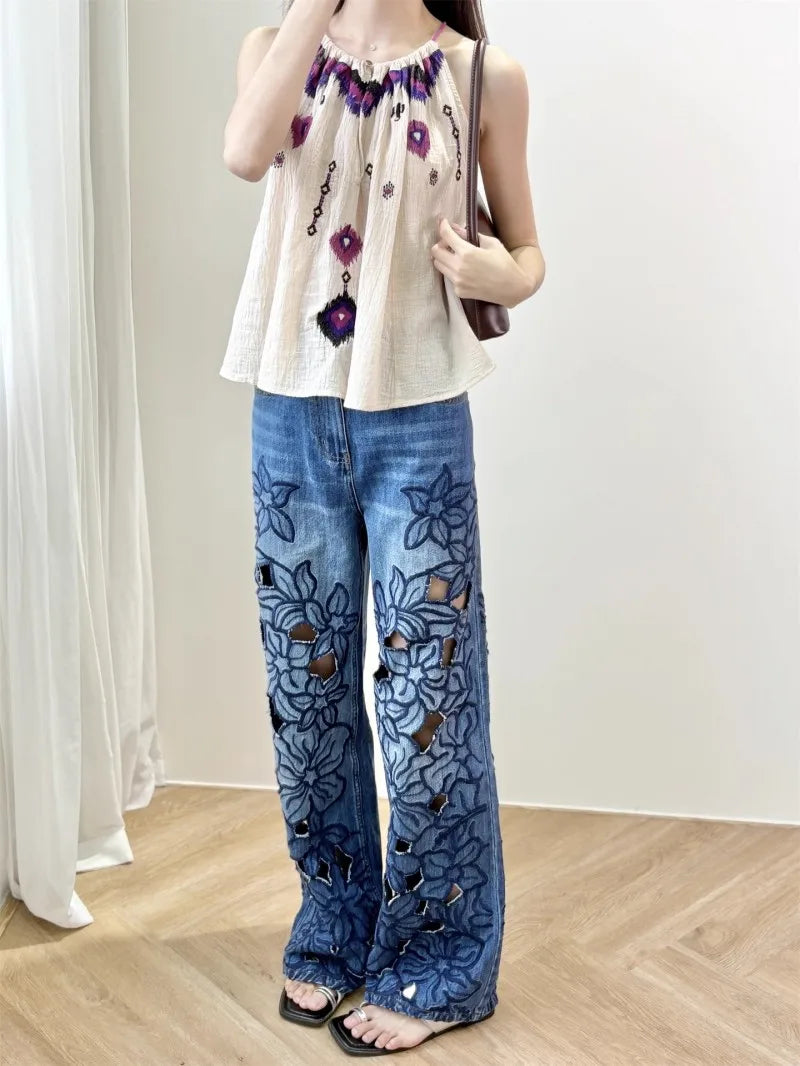 Summer Women Jeans Floral Embroidery Straight Trousers Designer Streetwear Casual Hollow Out Vintage High Waist Denim Long Pants