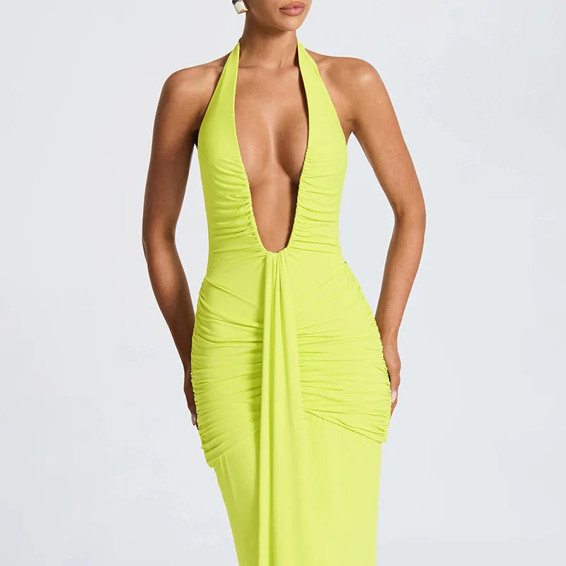 Sexy Deep V-neck Backless Halter Maxi Dresses Women's Sleeveless High Waist Bodycon Pleated Robe 2025 New Evening Party Gown