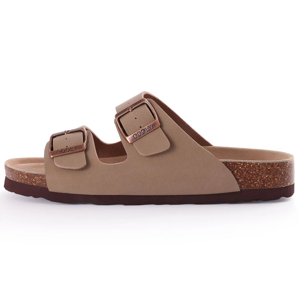 Comwarm Fashion Men Leather Sandals Summer Cork Footbed Slide Sandals Beach Sandals Unisex Brand Sandals with Adjustable Buckle