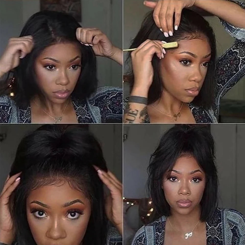 Kinky Straight Bob Wig Glueless 100% Human Raw Hair Tissage Wig HD Transparent Lace Closure Yaki Short Wig Perruques Vietnamese