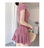 Women'sSwim Set Ribbed V Neck Wrap Crop Top With Tie Waist And Ruffled Flared Skirt Cover Up Modest Summer Bathing Suit Swimwear