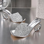 Elegant Pointed Toe High Heels Slippers Women Summer Fashion Clear Crystal Heel Sandals Woman Shiny Sequins Banquet Party Shoes